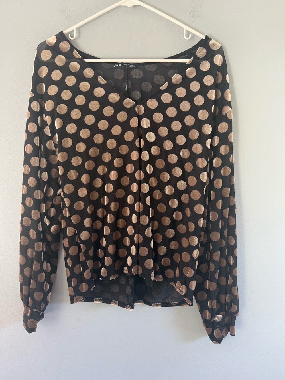 Zara Black and Gold Velvet Polka Dot Semi Sheer Long Sleeve Top Sz M
